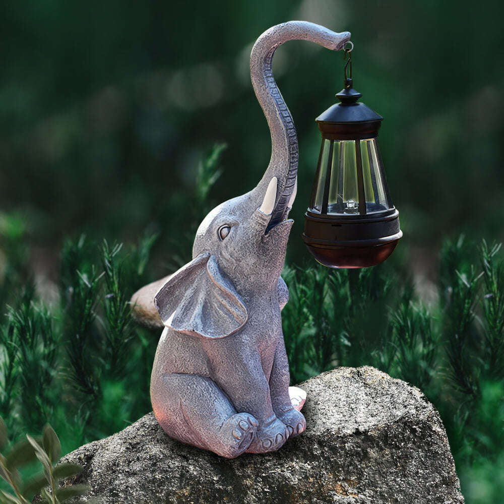 Elephant Statue with Solar Lantern for Outdoor Garden Decor