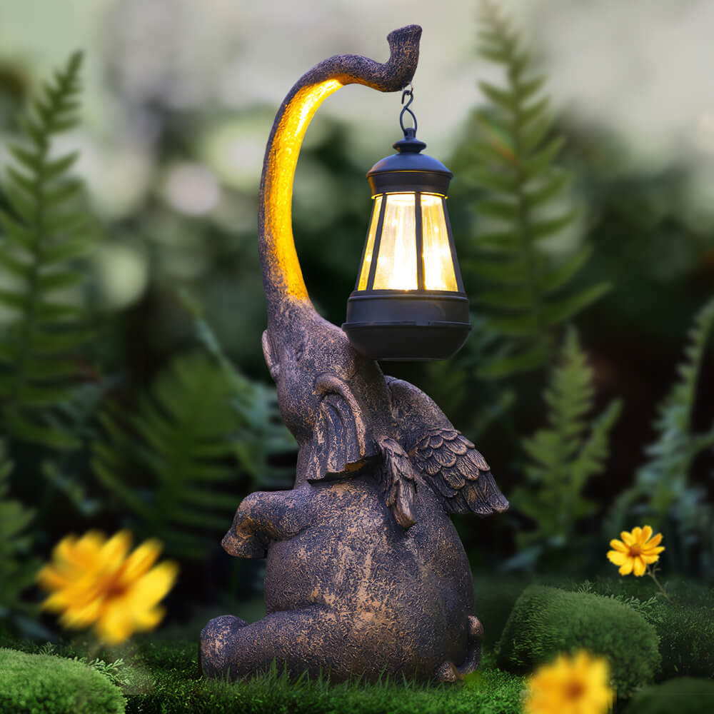 Elephant Statue with Solar Lantern for Outdoor Garden Decor