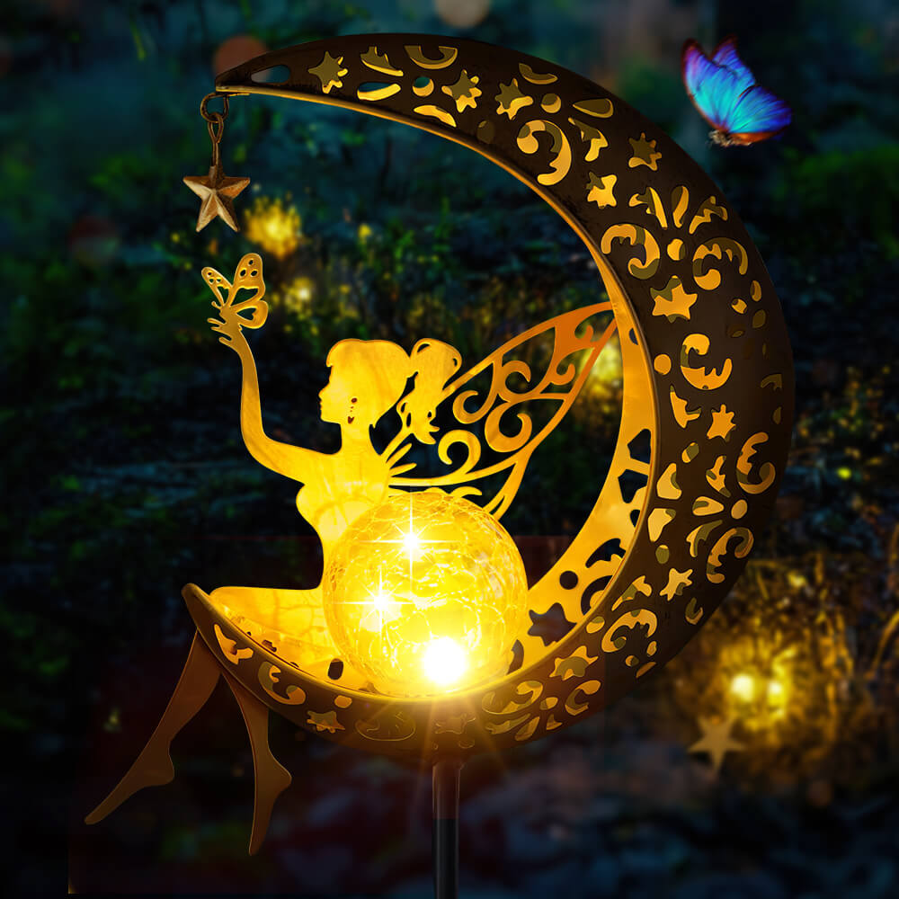 Solar Garden Decor Fairy Moon Figurine Light Stake