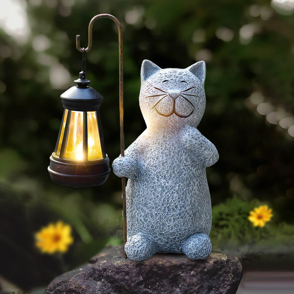 Cat Statues with Solar Lantern Home Lawn Garden Decor
