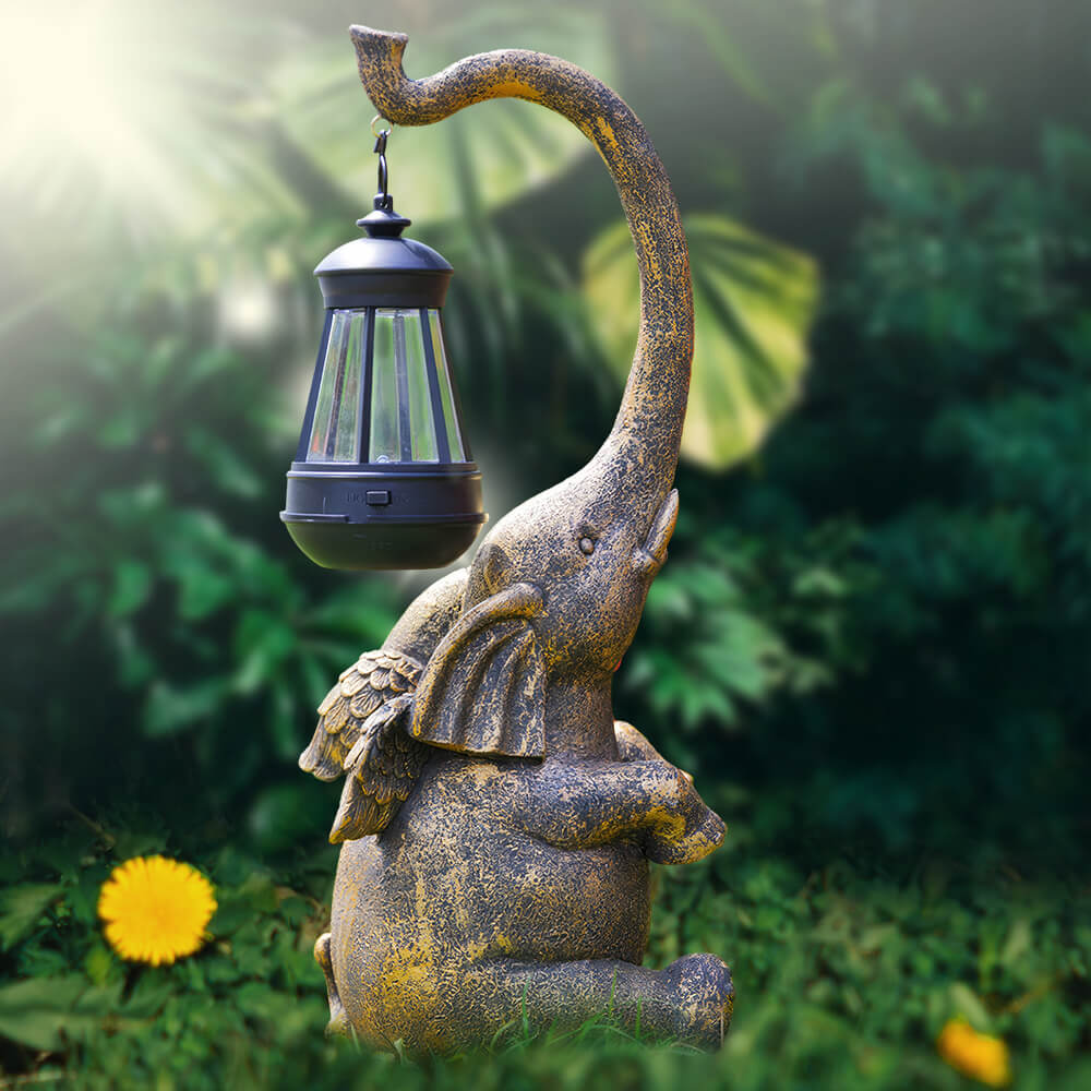 Elephant Statue with Solar Lantern for Outdoor Garden Decor