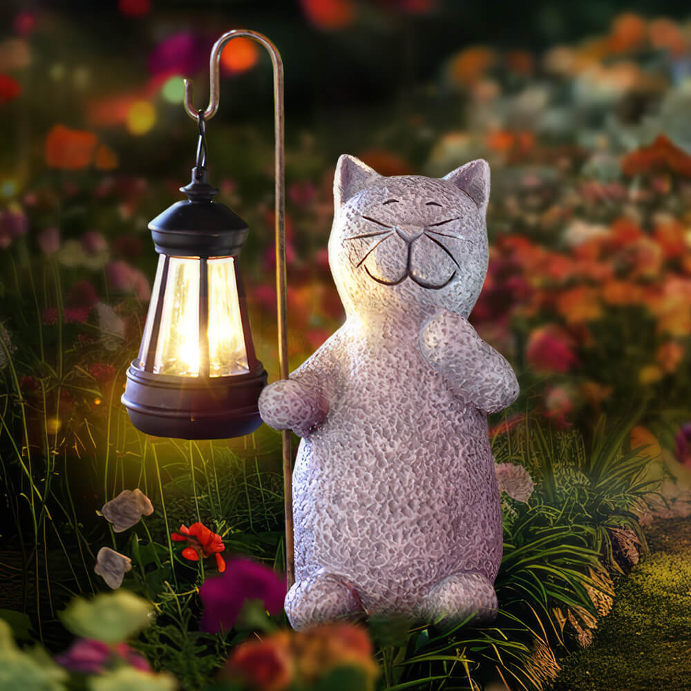 Cat Statues with Solar Lantern Home Lawn Garden Decor