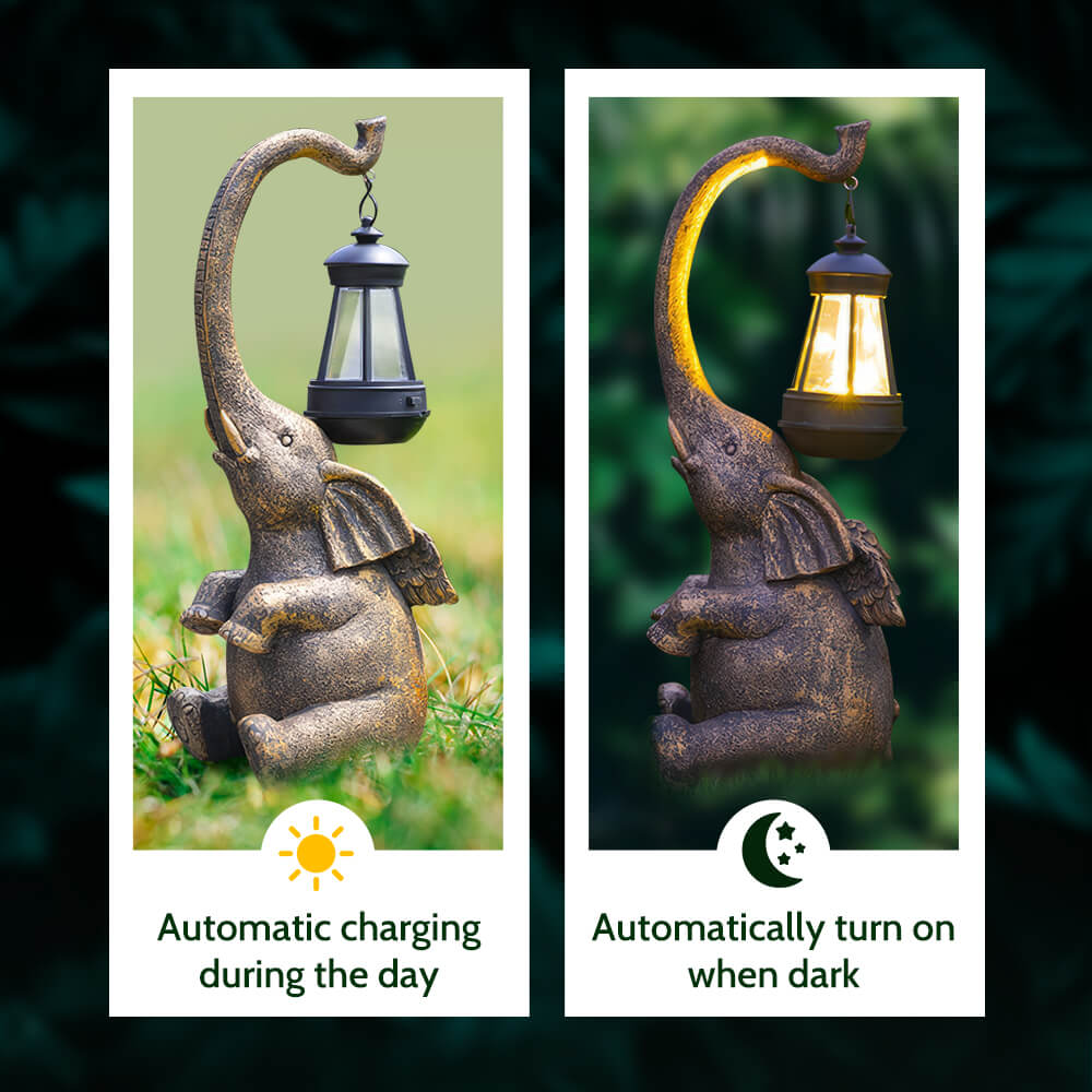 Elephant Statue with Solar Lantern for Outdoor Garden Decor
