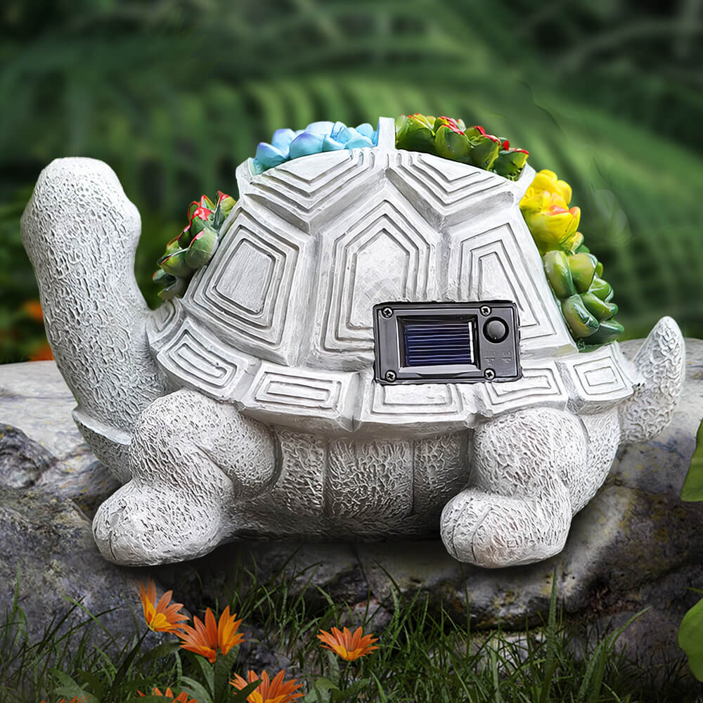 Solar Garden Outdoor Statue Turtle with Succulents and 7 LEDs