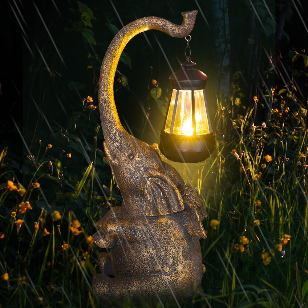 Elephant Statue with Solar Lantern for Outdoor Garden Decor