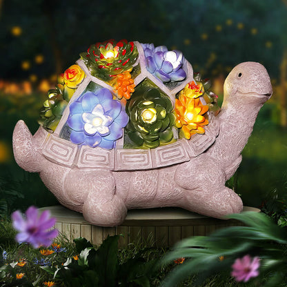 Solar Garden Outdoor Statue Turtle with Succulents and 7 LEDs