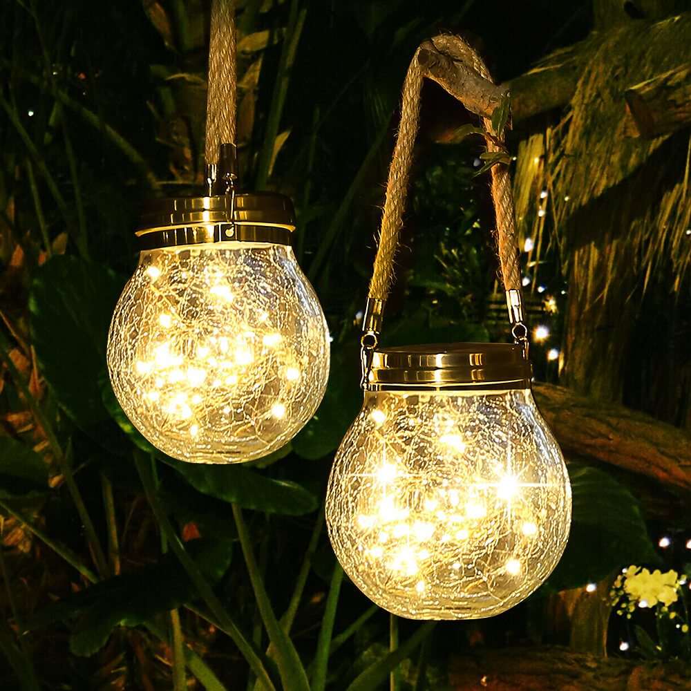 Solar Hanging Crackled Glass Lantern with 30 LED Waterproof