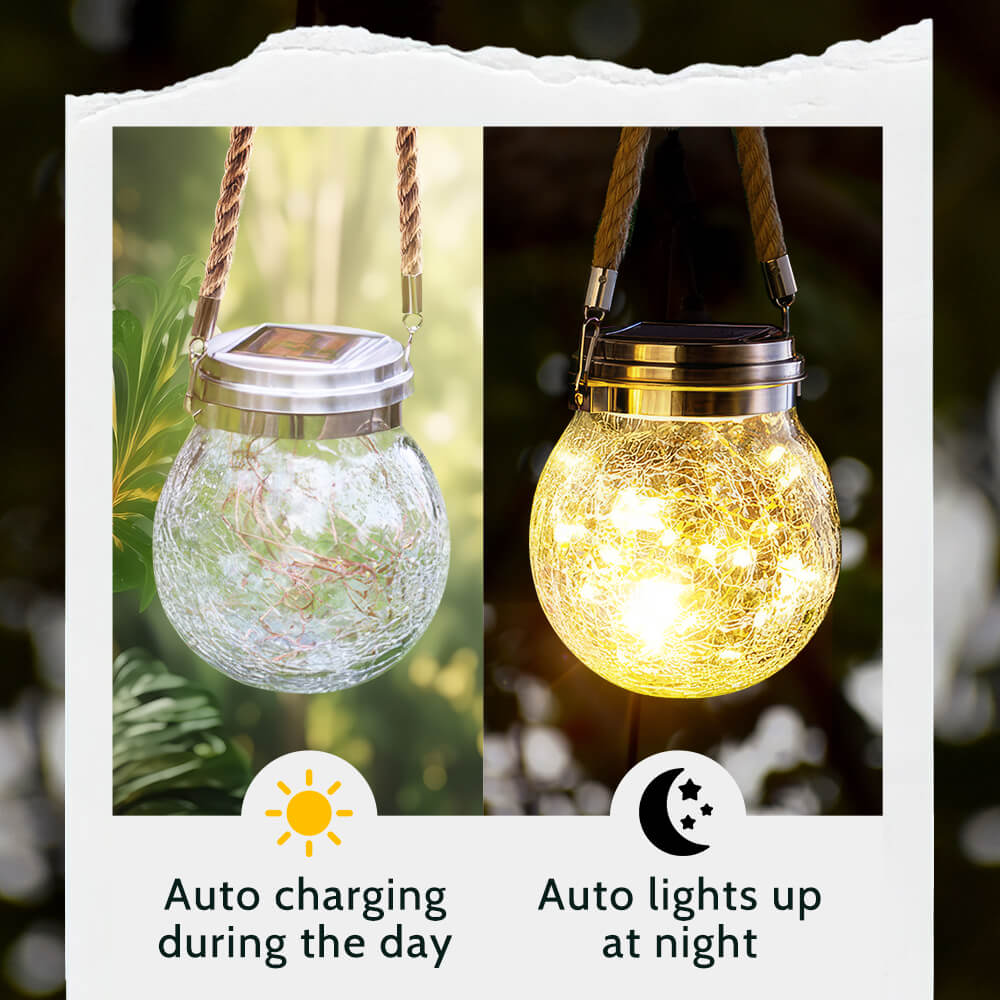 Solar Hanging Crackled Glass Lantern with 30 LED Waterproof