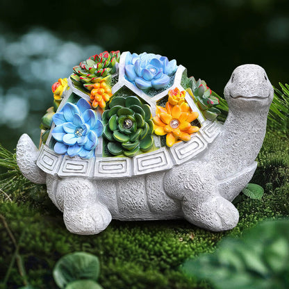 Solar Garden Outdoor Statue Turtle with Succulents and 7 LEDs