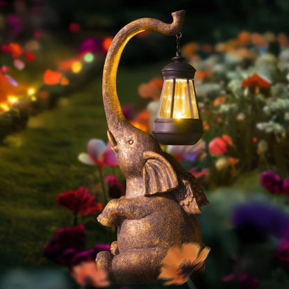 Elephant Statue with Solar Lantern for Outdoor Garden Decor