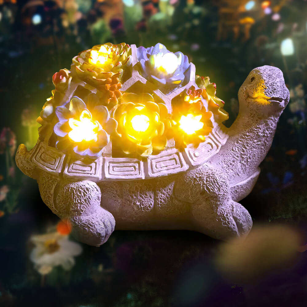 Solar Garden Outdoor Statue Turtle with Succulents and 7 LEDs