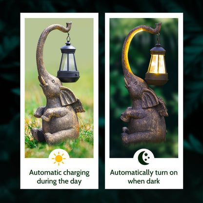 Elephant Statue with Solar Lantern for Outdoor Garden Decor