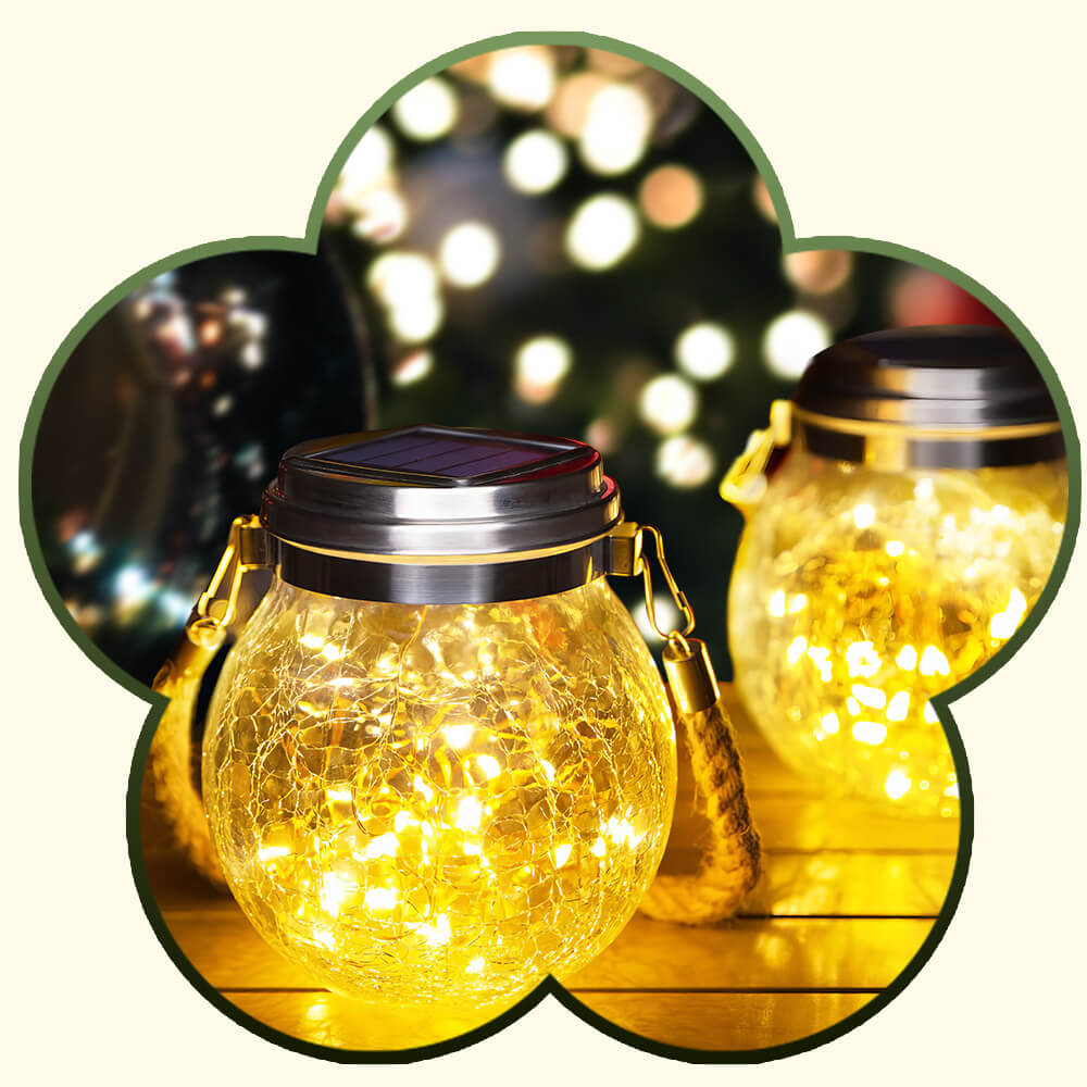 Solar Hanging Crackled Glass Lantern with 30 LED Waterproof